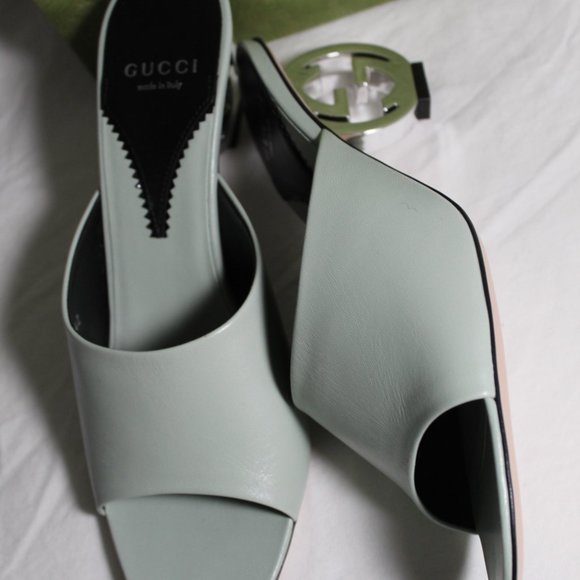 NWB Gucci Interlocking GG Heel Sandals Mules Slip Ons Slides Argento 39.5 772569 - Picture 6 of 9
